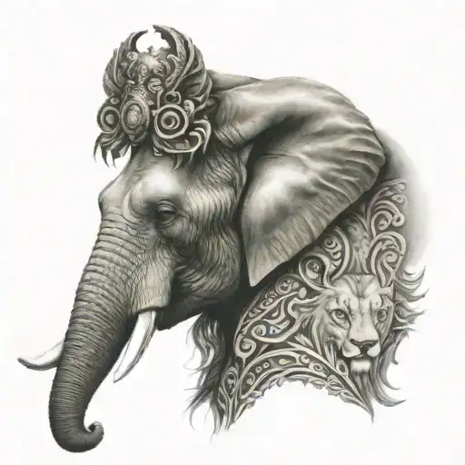 elephant head wearing a lions head  tattoo design idea