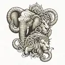 elephant & lion head's connected line tattoo tattoo design idea