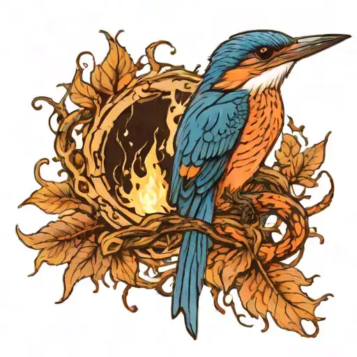 a blue kingfisher eating  a snake in a burning tree.  tattoo design idea