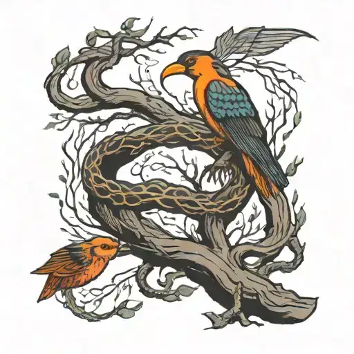  halcyon bird killing a snake in a burning tree.  tattoo design idea