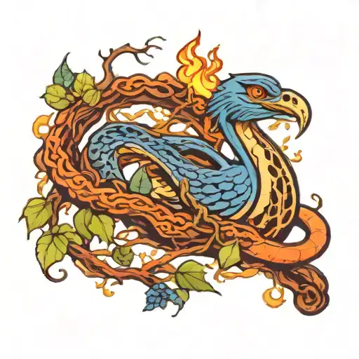 a blue halcyon bird eating  a snake in a burning tree.  tattoo design idea