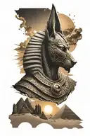 god Anubis head above the pyramids with the sun setting in the background while the wind blows sand  tattoo design idea