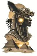 god Anubis head above the pyramids with the sun setting in the background while the wind blows sand  tattoo design idea