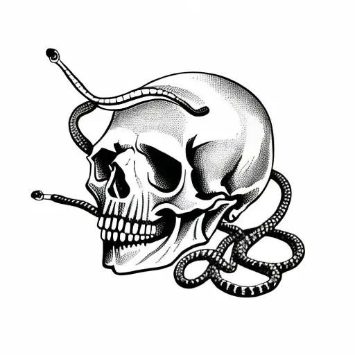  skull with nail through it and snake wrapping around skull tattoo design idea