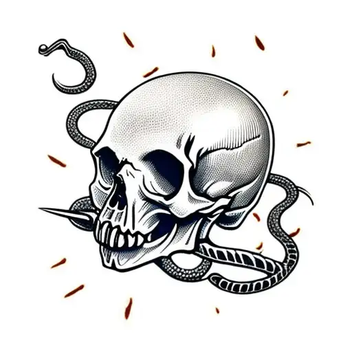  skull with nail through skull and snake wrapping around the skull tattoo design idea