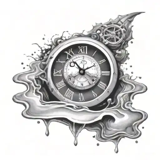 A surreal scene of a clock melting into a puddle, symbolizing the transient nature of time and the importance of living in the present moment tattoo design idea