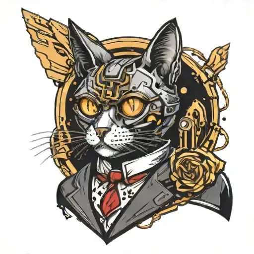robot tuxedo cat with Terminator eye surround by space tattoo design idea