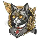 robot tuxedo cat with Terminator eye surround by space tattoo design idea