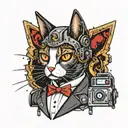 robot tuxedo cat with Terminator eye surround by space tattoo design idea