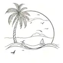 ocean waves with a palm tree on the beach and birds in the sky tattoo design idea