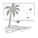 ocean waves with a palm tree on the beach and birds in the sky tattoo design idea