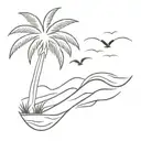 ocean waves with a palm tree on the beach and birds in the sky tattoo design idea