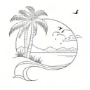 ocean waves with a palm tree on the beach and birds in the sky tattoo design idea