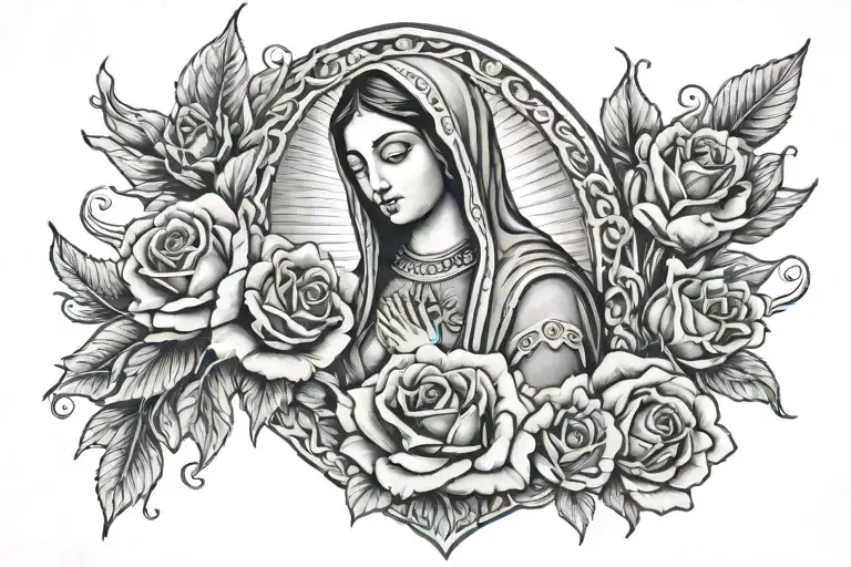 Guadalupe with roses around it tattoo design idea
