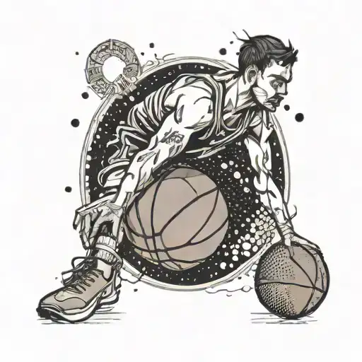 A basketball player dribbling a basketball made of blood, with god's eyes watching from above tattoo design idea