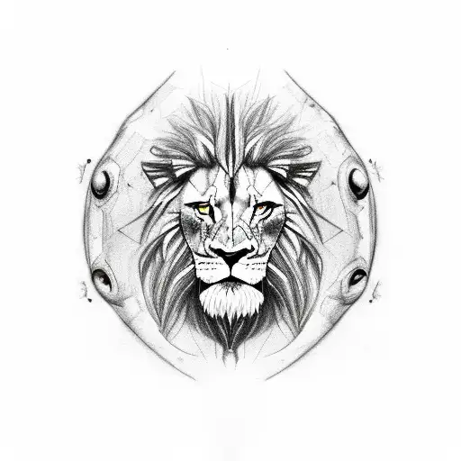 a human with hooves for feet, six wings covered in eyes, a head with a human face, lion face, bull face, and eagle face tattoo design idea