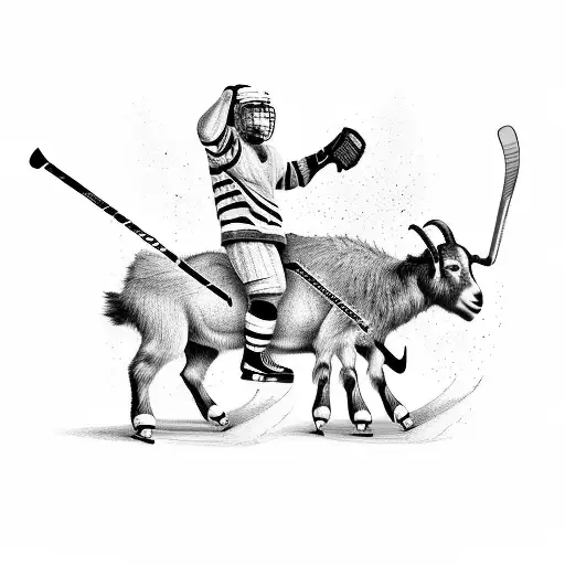 A hockey player riding a goat through the mountains tattoo design idea