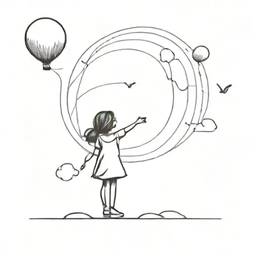 one liner sad little girl in a dress standing on her toes reaching towards the sky pointing at a flying balloon tattoo design idea