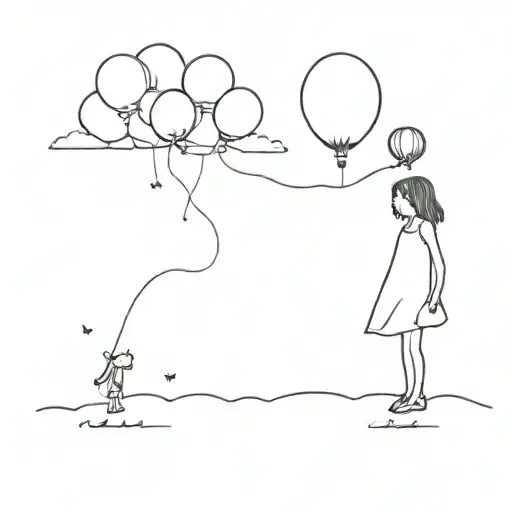 sad little girl in a dress standing on her toes while pointing towards the sky at a flying balloon tattoo design idea