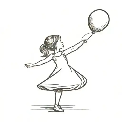 little girl in a dress standing on her toe like a ballerina reaching for a flying balloon tattoo design idea