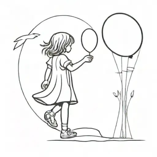 one liner little girl in a dress standing on her toes reaching for a flying balloon tattoo design idea