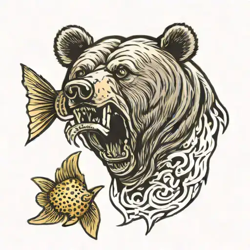 bear head with fish in mouth open tattoo design idea