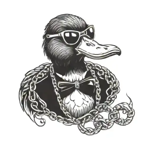 A duck wearing a chain and sunglasses tattoo design idea