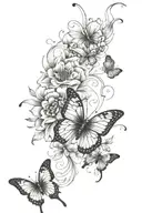 Hip and upper thigh tattoo stencil; butterflies and flowers; dynamic line weights; black, grey, and white only; high con tattoo design idea