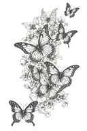Hip and upper thigh tattoo stencil; butterflies and flowers; dynamic line weights; black, grey, and white only; high con tattoo design idea