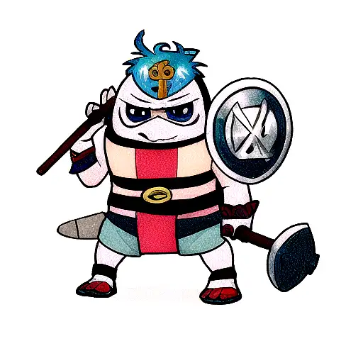 stitch from the cartoon lilo and stitch as a Viking with a shield and a Scandinavian axe and a helmet on his head tattoo design idea