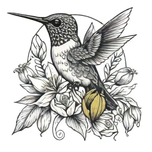 hummingbird and tulips black and grey tattoo design idea