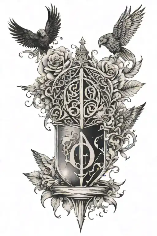 An intricate black and grey sleeve tattoo featuring iconic Harry Potter symbols and references to popular hip hop artists tattoo design idea
