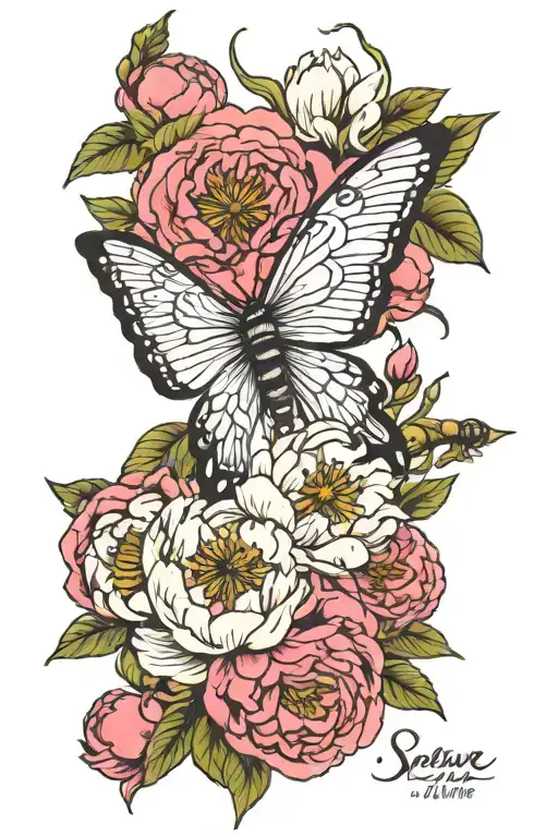 Tattoo and peonies and 3 small bees and quote that says “she conquered her demons and wore her scars like wings”  tattoo design idea