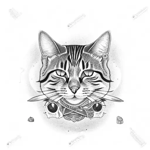 brown tabby cat sitting next to skull with peace of tattoo design idea