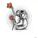 monkey smoking weed in an astronaut suit and holding a flower tattoo design idea