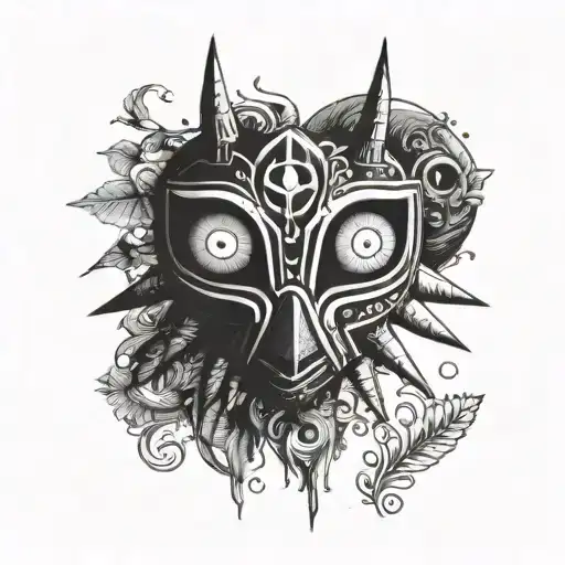 majora's mask with woodcut background  tattoo design idea