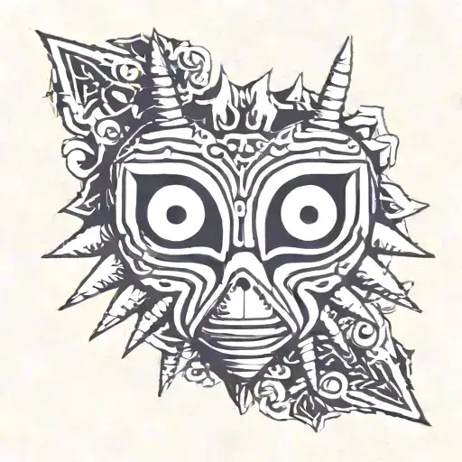 majora's mask with woodcut background  tattoo design idea