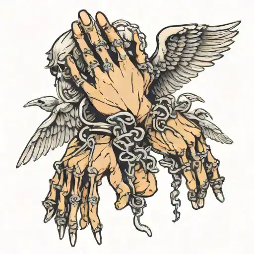 hand tattoo , skeleton hands with angels holding chains to heaven gate tattoo design idea