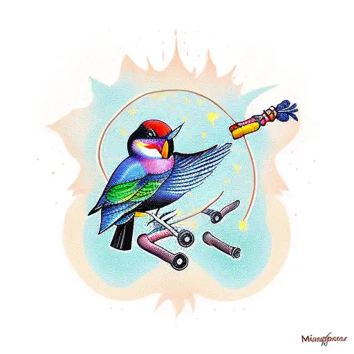  color Flicker Bird Holding Sage with mushrooms and a banner that says Michah James tattoo design idea