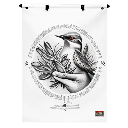 Flicker Bird Holding Sage with mushrooms and a banner that says Michah James tattoo design idea