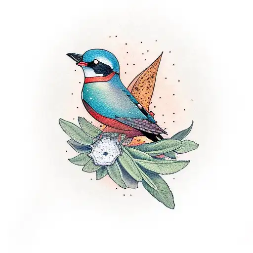 Flicker Bird Holding Sage with mushrooms and a banner that says Michah James tattoo design idea