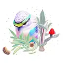  color Flicker Bird Holding Sage with mushrooms and a banner that says Michah James tattoo design idea