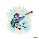  color Flicker Bird Holding Sage with mushrooms and a banner that says Michah James tattoo design idea