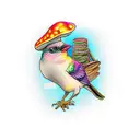  color Flicker Bird Holding Sage with mushrooms and a banner that says Michah James tattoo design idea