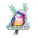  color Flicker Bird Holding Sage with mushrooms and a banner that says Michah James tattoo design idea