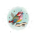  color Flicker Bird Holding Sage with mushrooms and a banner that says Michah James tattoo design idea