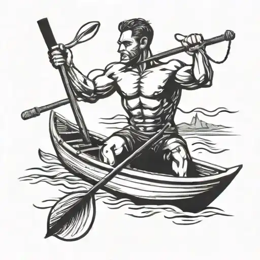 A sleek blackwork tattoo of a muscular gym rat rowing a boat, symbolizing strength and adventure tattoo design idea