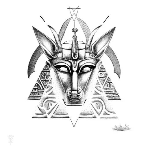 Anubis god with pyramids and hieroglyphs in the background tattoo design idea