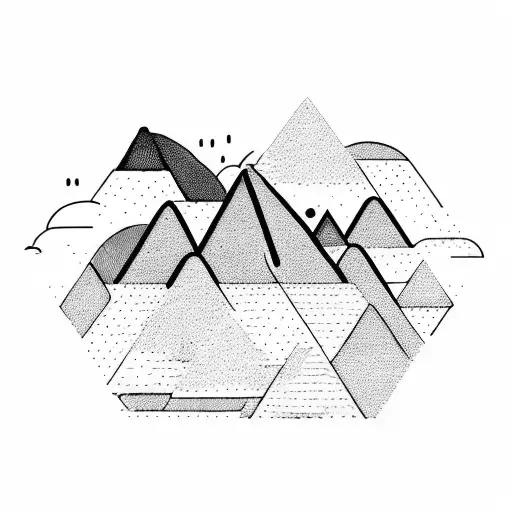 A geometric mountain range with a stormy sky above and a tranquil river flowing through the valleys tattoo design idea