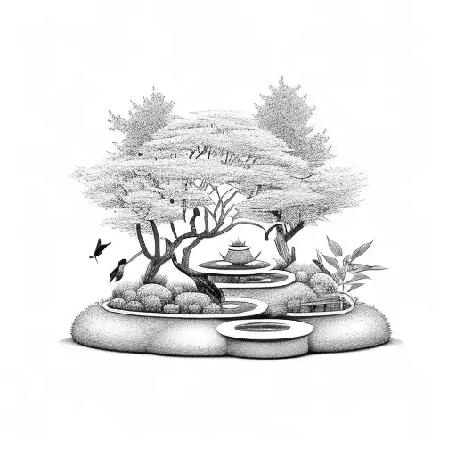 A tranquil garden with a zen-inspired music fountain tattoo design idea